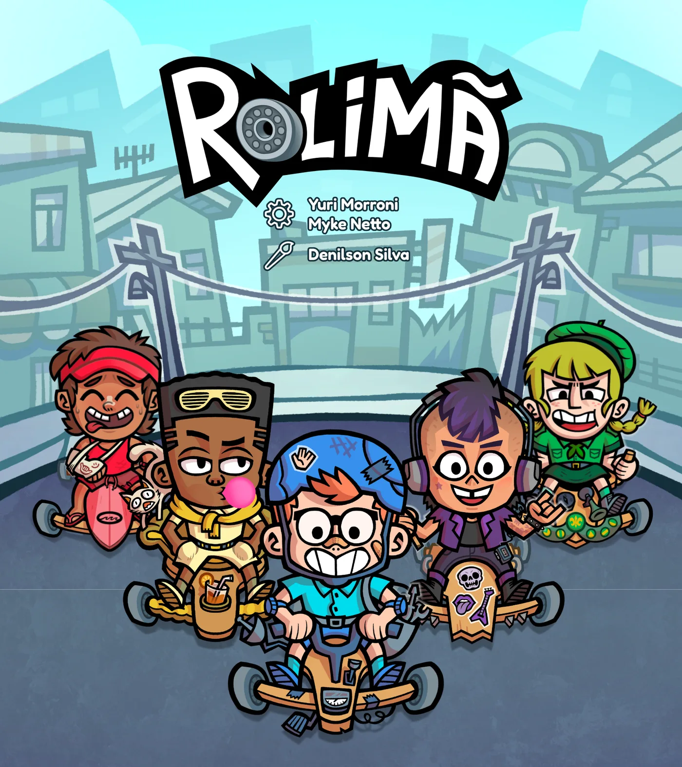 The five Rolimã racers on their home-made carts, with the Rolimã logo above them